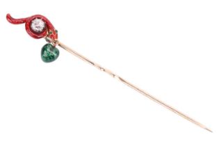 An old cut diamond and enamel serpent stick pin, designed as a red enamel snake with green enamel