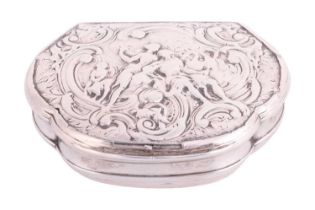 A Continental white metal snuff box of cartouche shape, circa 1740, cover chased with figures