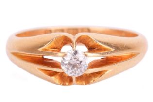 An Edwardian diamond belcher ring in 18ct gold, comprising an old-cut diamond of 3.7 x 3.7 x 2.2 mm,