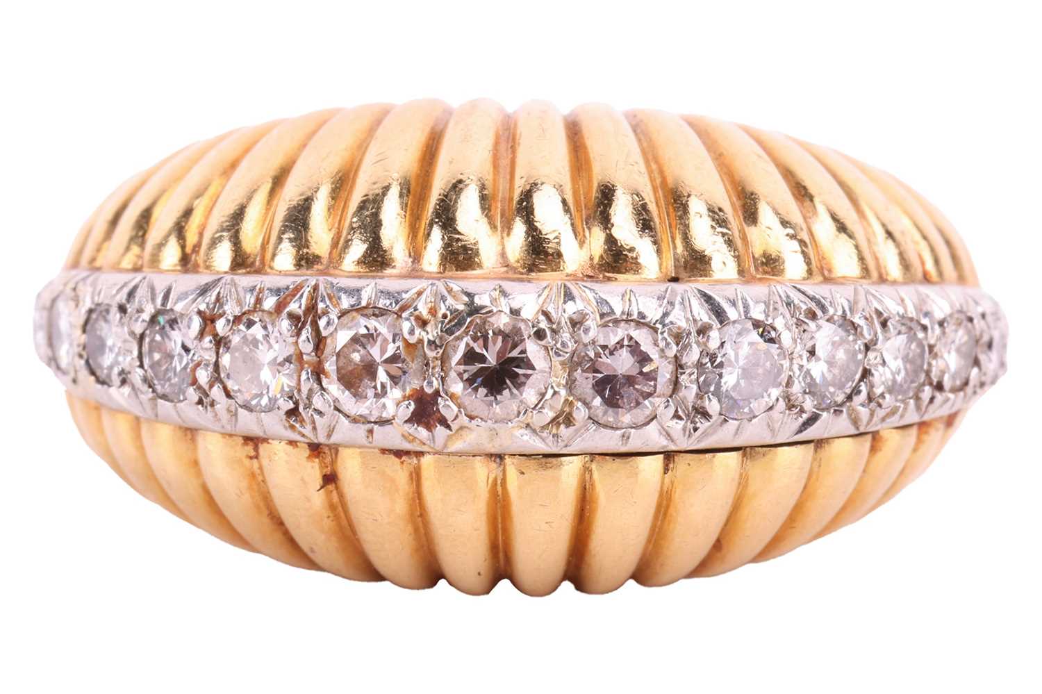 A mid-century, diamond set, bombé style dress ring; with a central band of fifteen graduated, pavé s