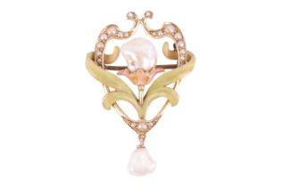 An Art Nouveau enamel and pearl brooch, the floral design featuring a baroque cultured pearl forming