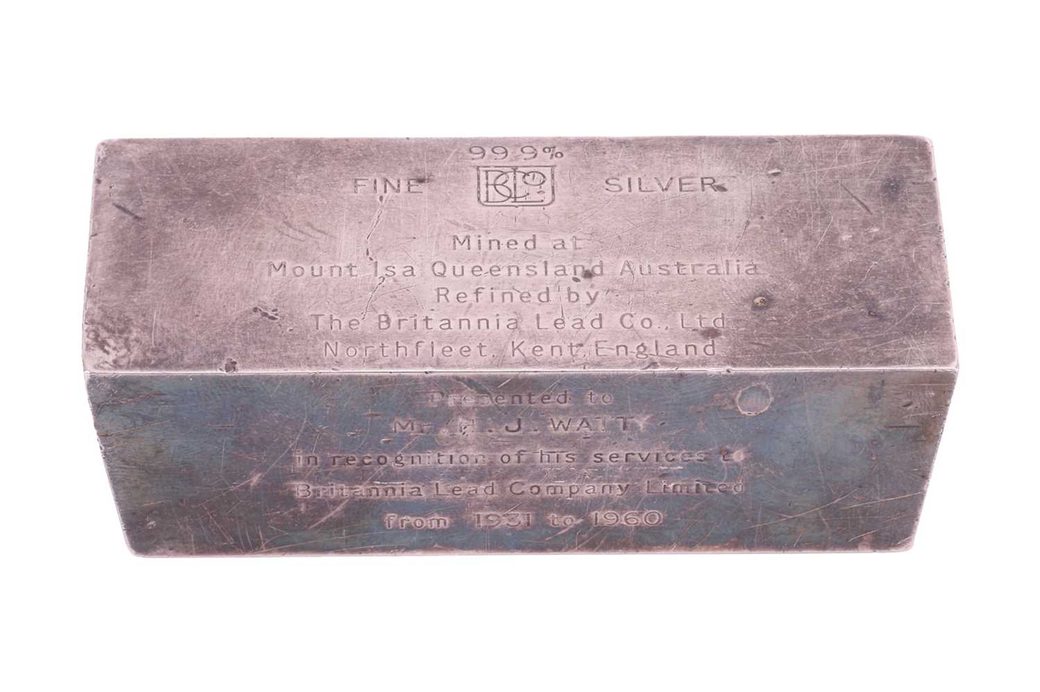 A white metal ingot stamped "99.9% fine silver", further elaborate with the inscription "Mined at Mo - Image 3 of 7