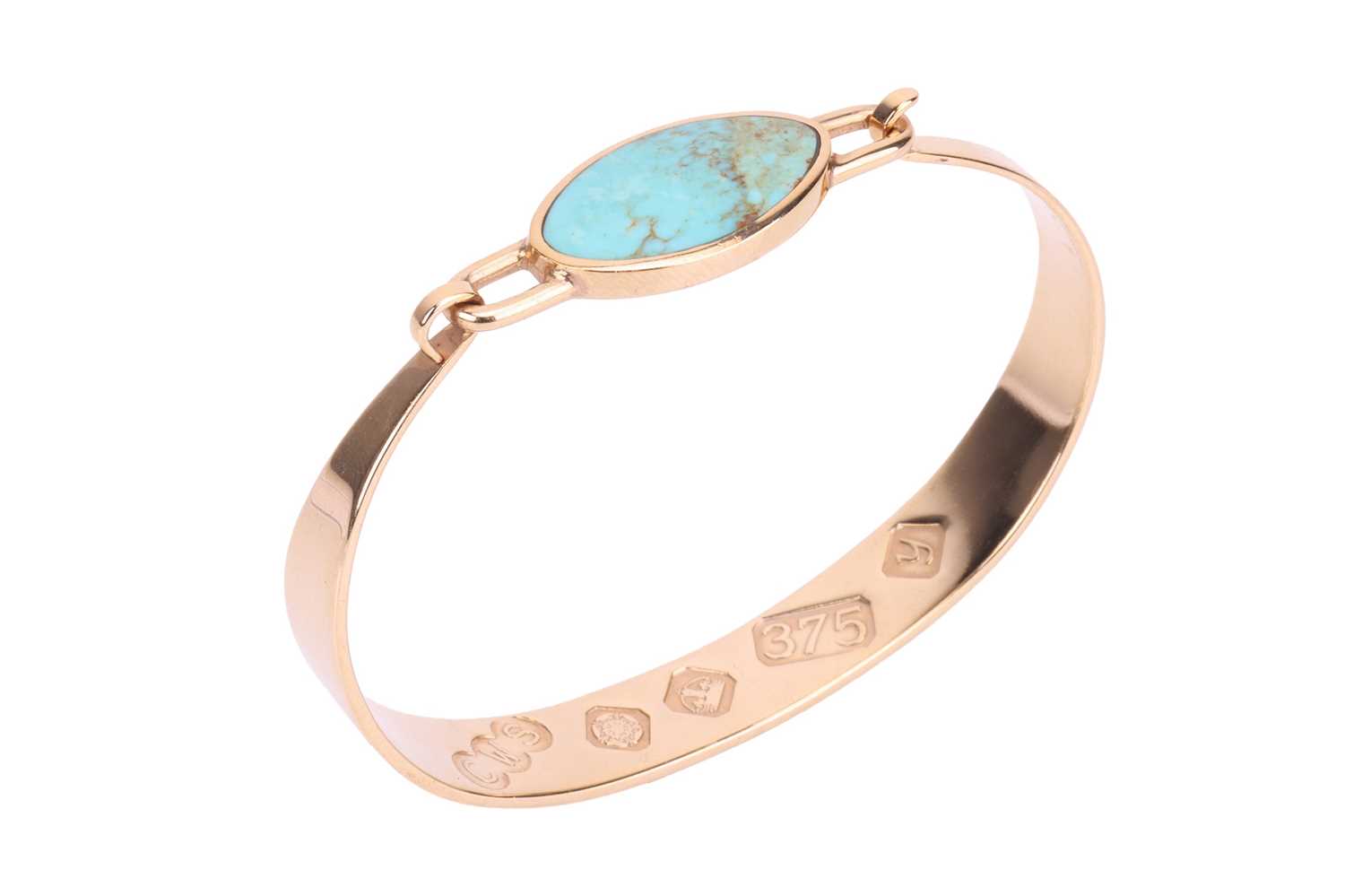 A turquoise-set bangle in 9ct yellow gold, tension clamp opening bracelet featuring a navette-shaped - Image 2 of 5