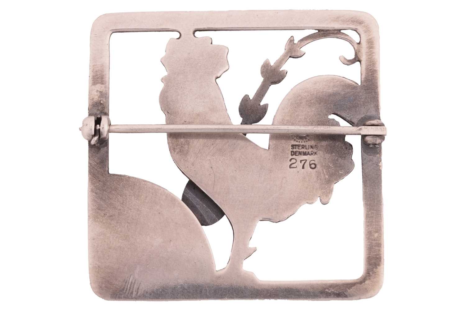 Georg Jensen - A cockerel brooch, depicting a cockerel with fern accent in a square frame, with hing - Image 2 of 3