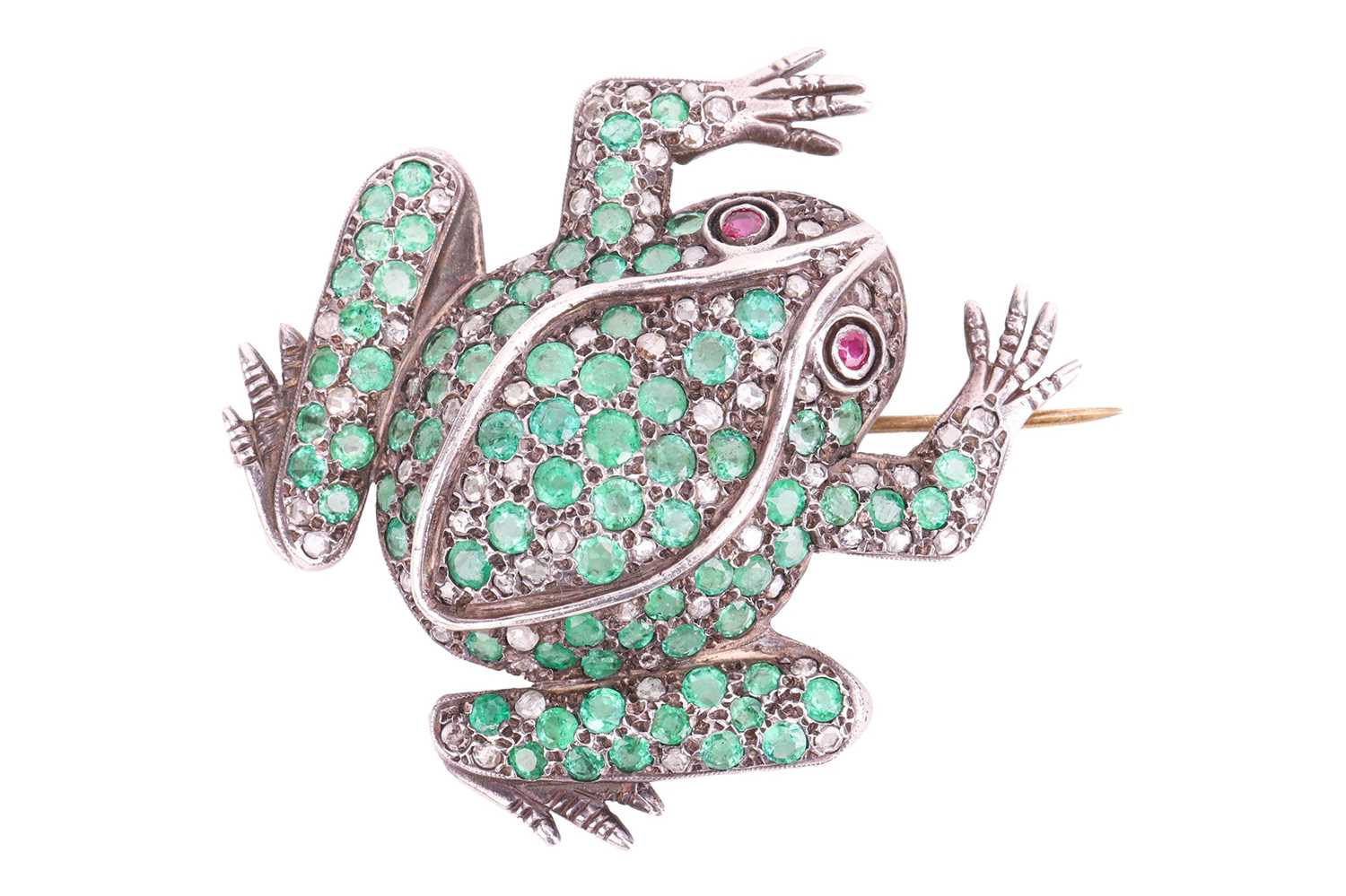 A frog brooch set with emeralds, diamonds and rubies, sculpted in a resting position, body covered w