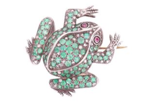 A frog brooch set with emeralds, diamonds and rubies, sculpted in a resting position, body covered