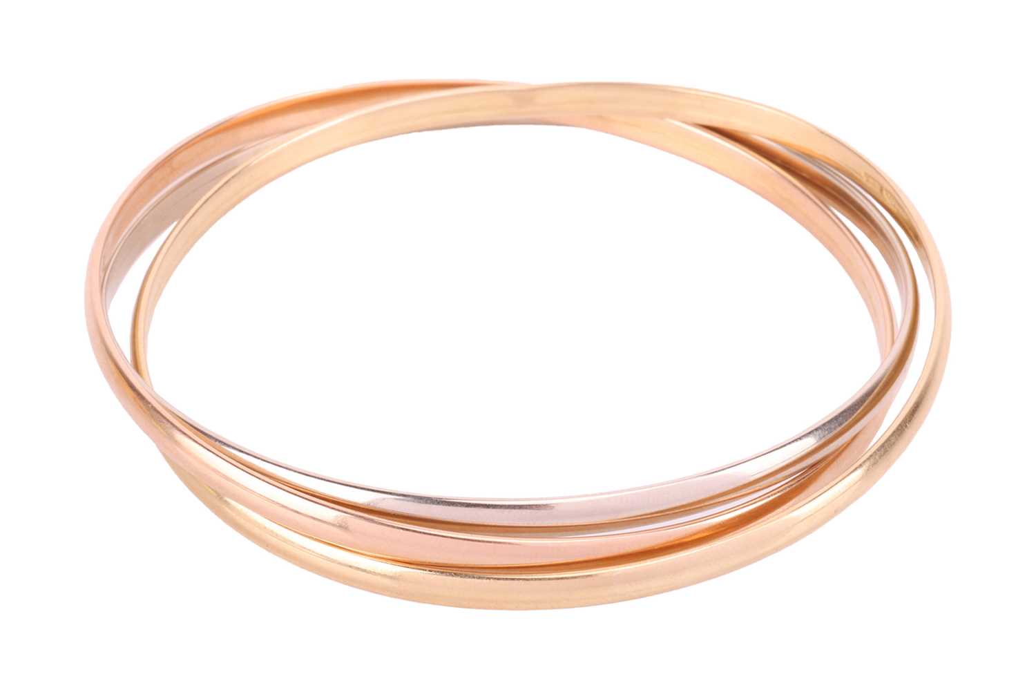 A trinity bangle, formed of three interconnected bangles in yellow, rose and white metal stamped '75 - Image 2 of 3