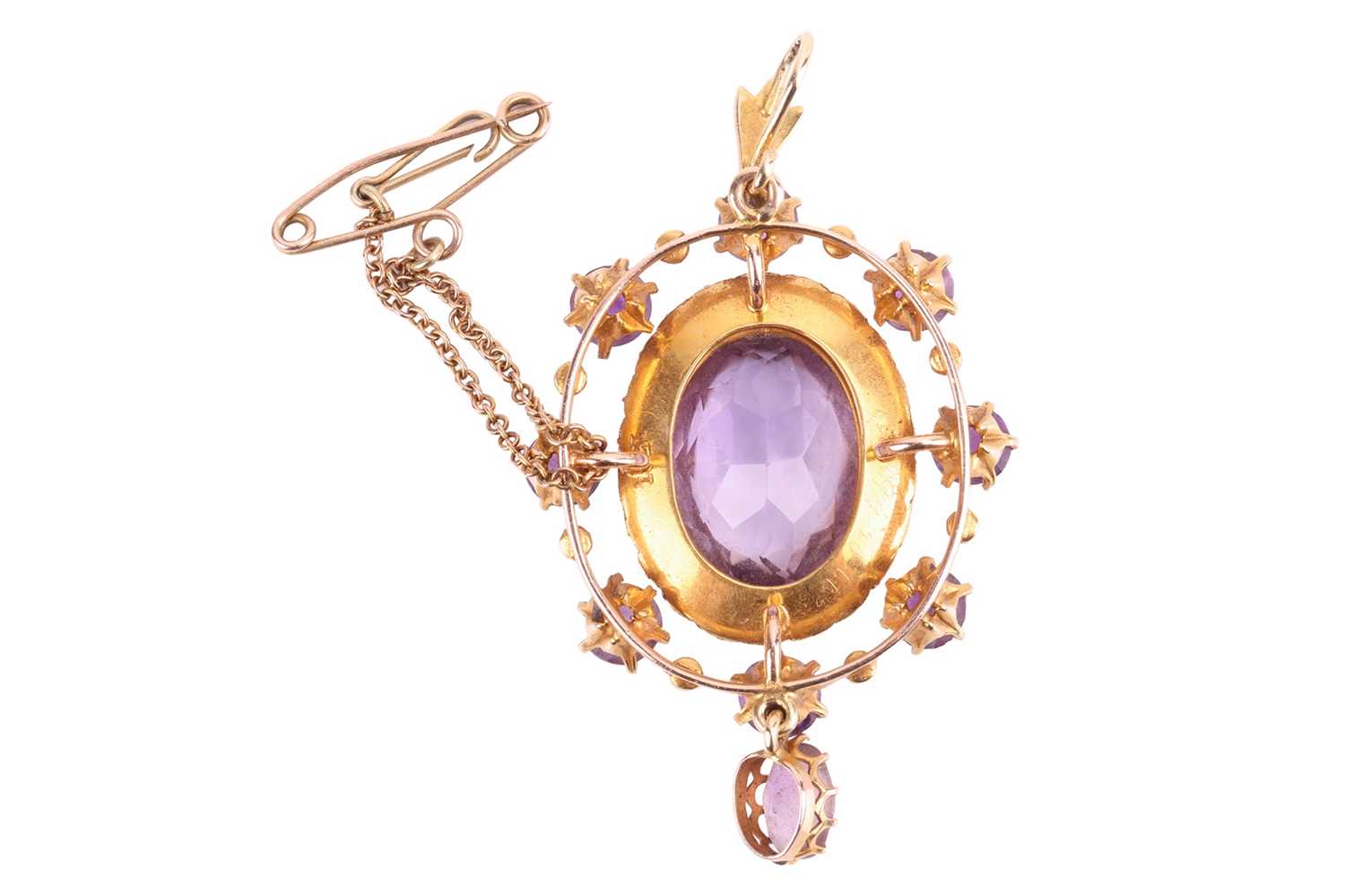 An Edwardian amethyst and seed pearl pendant, the central oval amethyst measuring approximately 13.5 - Image 3 of 3