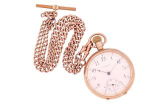 A 9ct gold Waltham open-face pocket watch and a 9ct gold Albert curb chain with a base metal T-