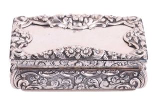 A Victorian silver snuff box by Nathaniel Mills, Birmingham 1846, of rectangular form, with cushione