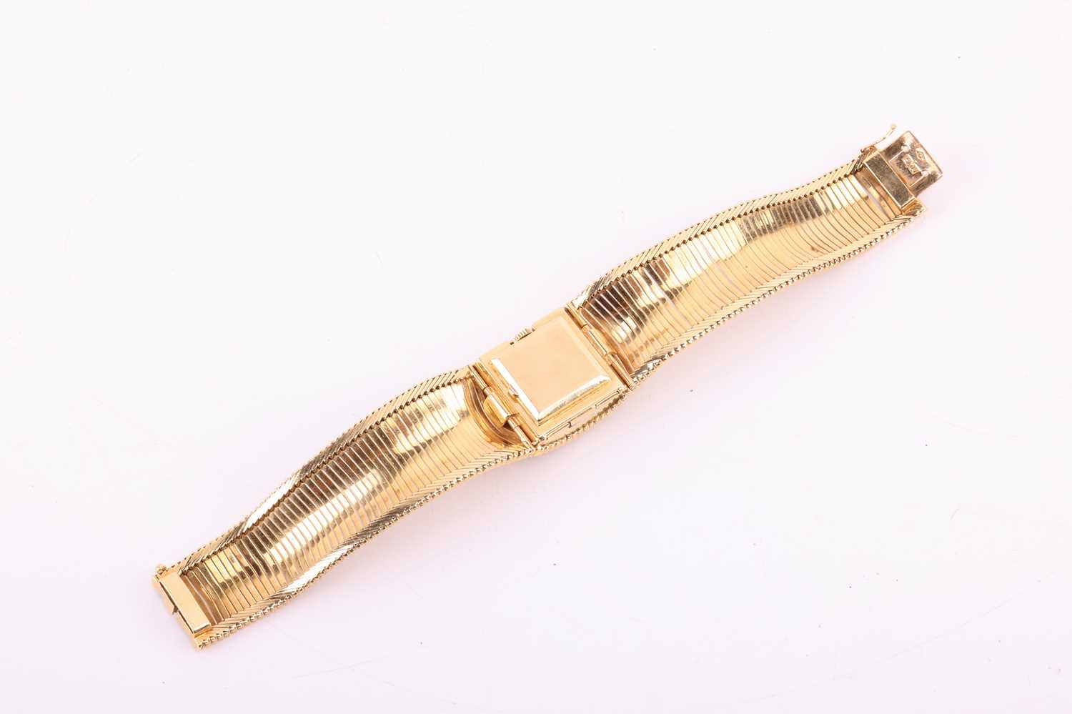 Longines. An 18 carat gold cocktail watch with concealed dial. The square champagne dial with applie - Image 6 of 6