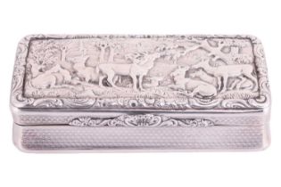 A George IV silver snuff box by Alexander J Strachan, London 1825, of rectangular form, cover portra