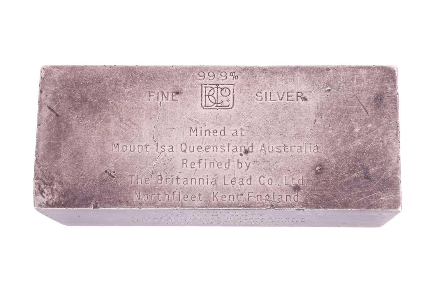 A white metal ingot stamped "99.9% fine silver", further elaborate with the inscription "Mined at Mo - Image 2 of 7