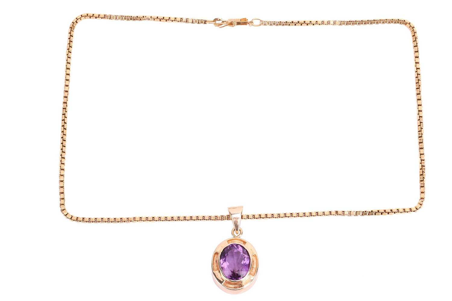 An amethyst earring and pendant necklace suite; each earring set with an oval amethyst measuring 15. - Image 4 of 6