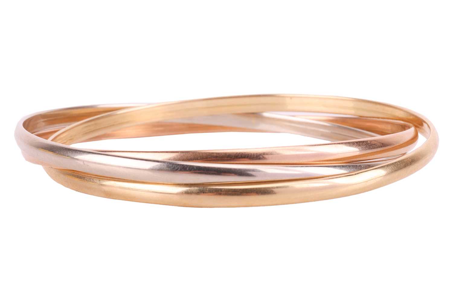 A trinity bangle, formed of three interconnected bangles in yellow, rose and white metal stamped '75