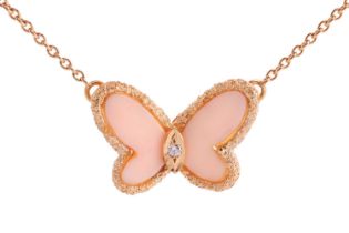 Van Cleef & Arpels - a butterfly necklace set with angel skin coral and diamond, circa 1970, wings