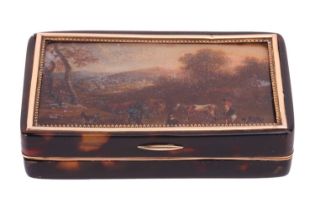 An Early 19th-century French tortoiseshell table snuff box, the hinged cover inset with a hand-