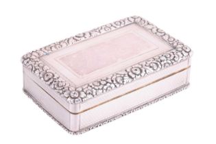 A Victorian silver table snuff box by Edward Edwards, London 1838, with chased floral borders, engin