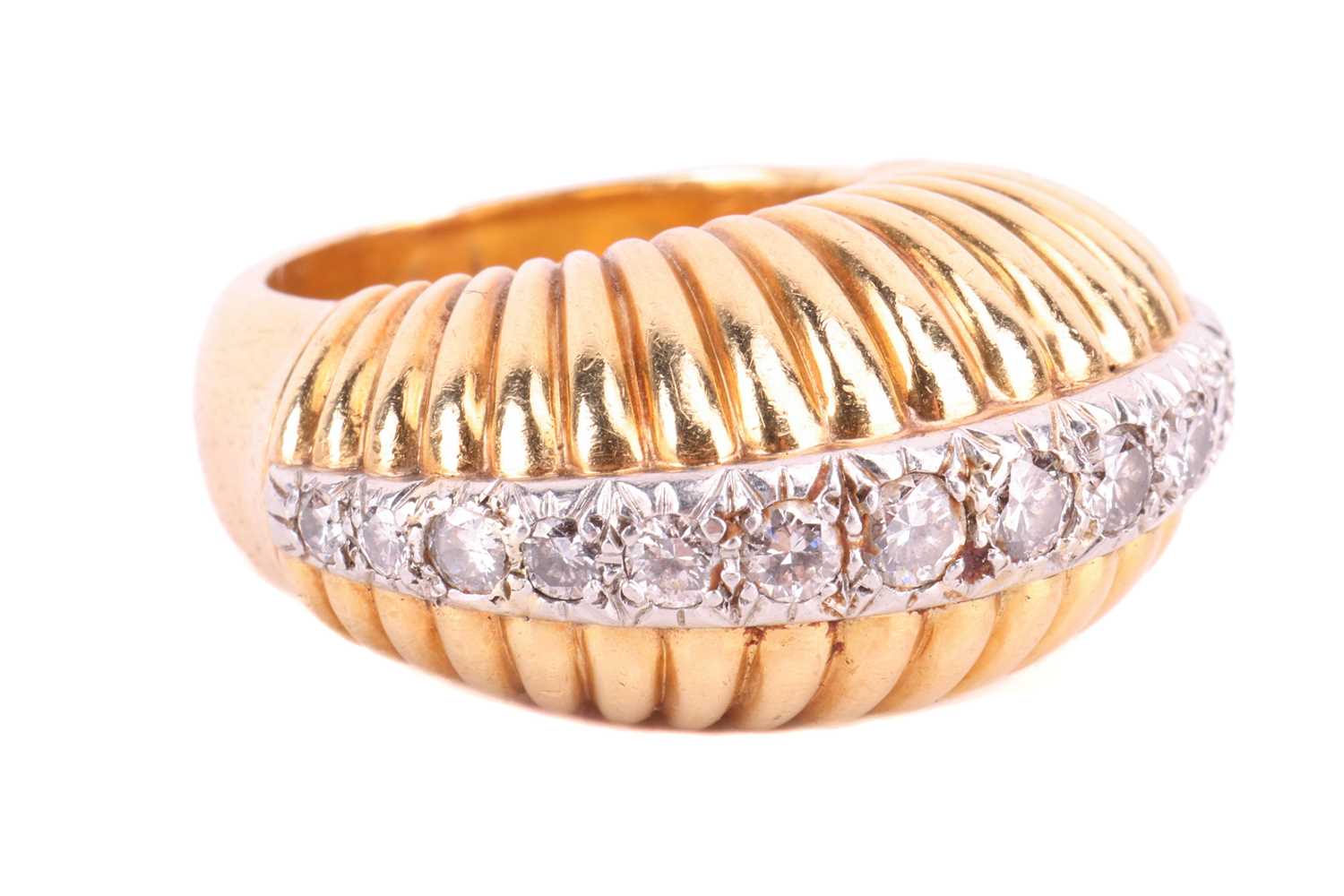 A mid-century, diamond set, bombé style dress ring; with a central band of fifteen graduated, pavé s - Image 3 of 4