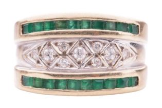 A gem-set ring, featuring cubic zirconia to the centre in a geometrical design setting, flanked by