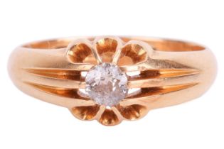 An Edwardian diamond belcher ring in 18ct gold, comprising an old-cut diamond of 4.2 x 4.0 x 2.4 mm,