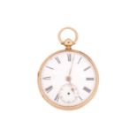 An 18ct yellow gold open-face pocket watch accompanied with a winding key; the watch featuring a key