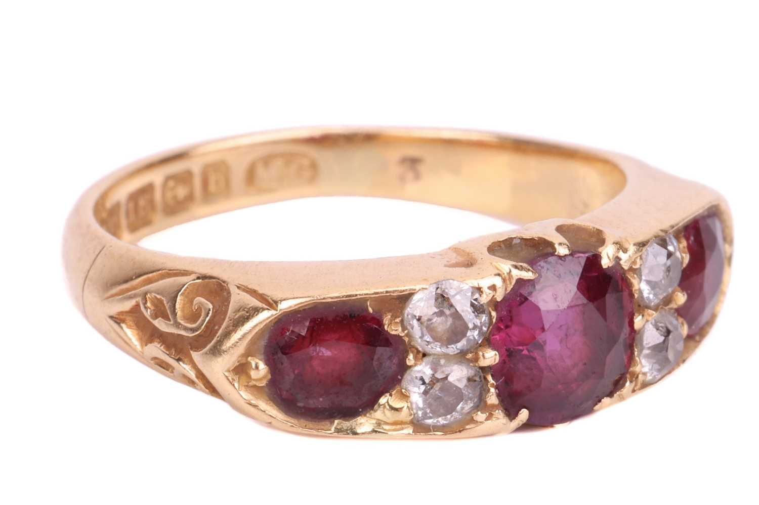 A late Victorian ruby and diamond half-hoop ring in 18ct gold, comprising three graduated circular-s - Image 2 of 5