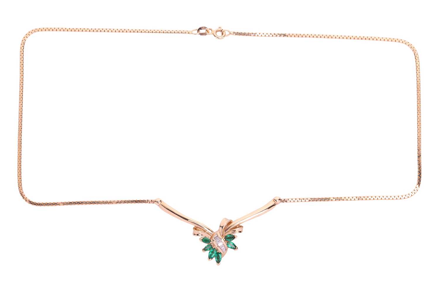 An emerald and diamond-set bow necklace, the marquise-cut bright green emeralds set in a foliate des - Image 2 of 6