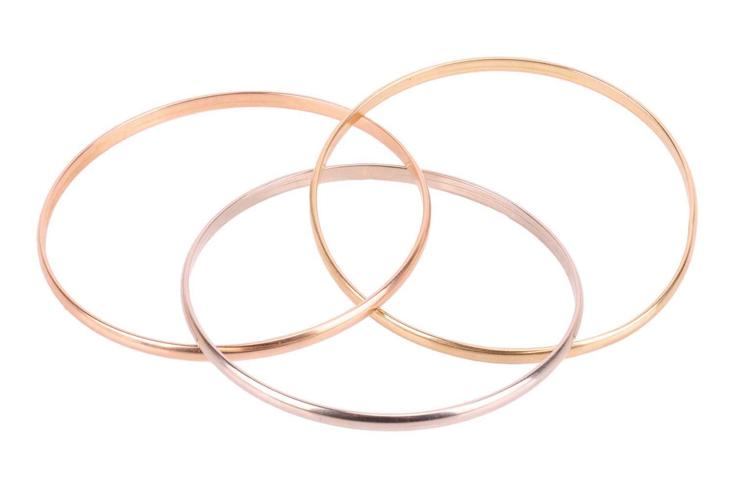 A trinity bangle, formed of three interconnected bangles in yellow, rose and white metal stamped '75 - Image 3 of 3