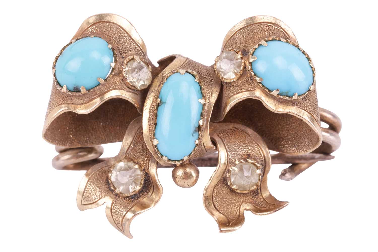 A gem-set bow brooch, set with three turquoise cabochons in cut-down mounts, and further decorated w
