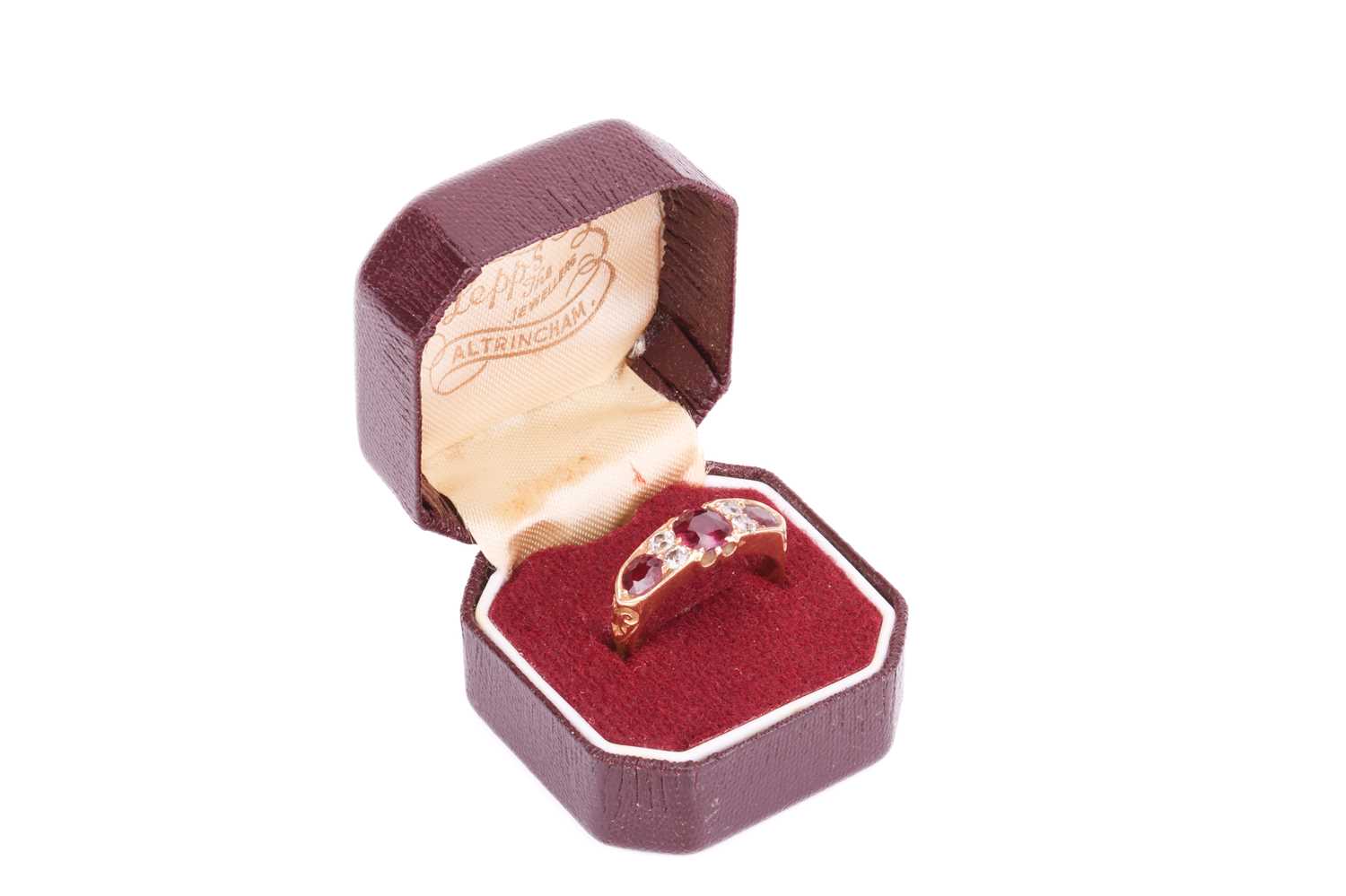 A late Victorian ruby and diamond half-hoop ring in 18ct gold, comprising three graduated circular-s - Image 5 of 5