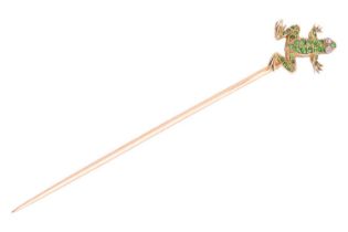 A demantoid garnet frog stick pin, encrusted with rose-cut diamonds as eyes, fitted on pin stem,