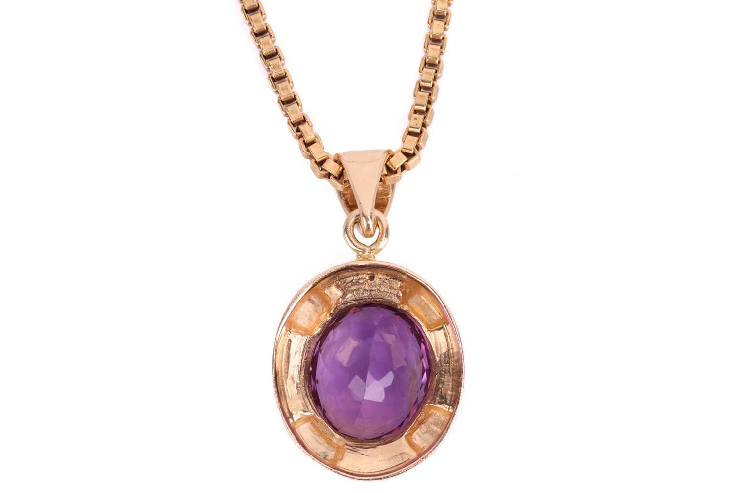 An amethyst earring and pendant necklace suite; each earring set with an oval amethyst measuring 15. - Image 5 of 6