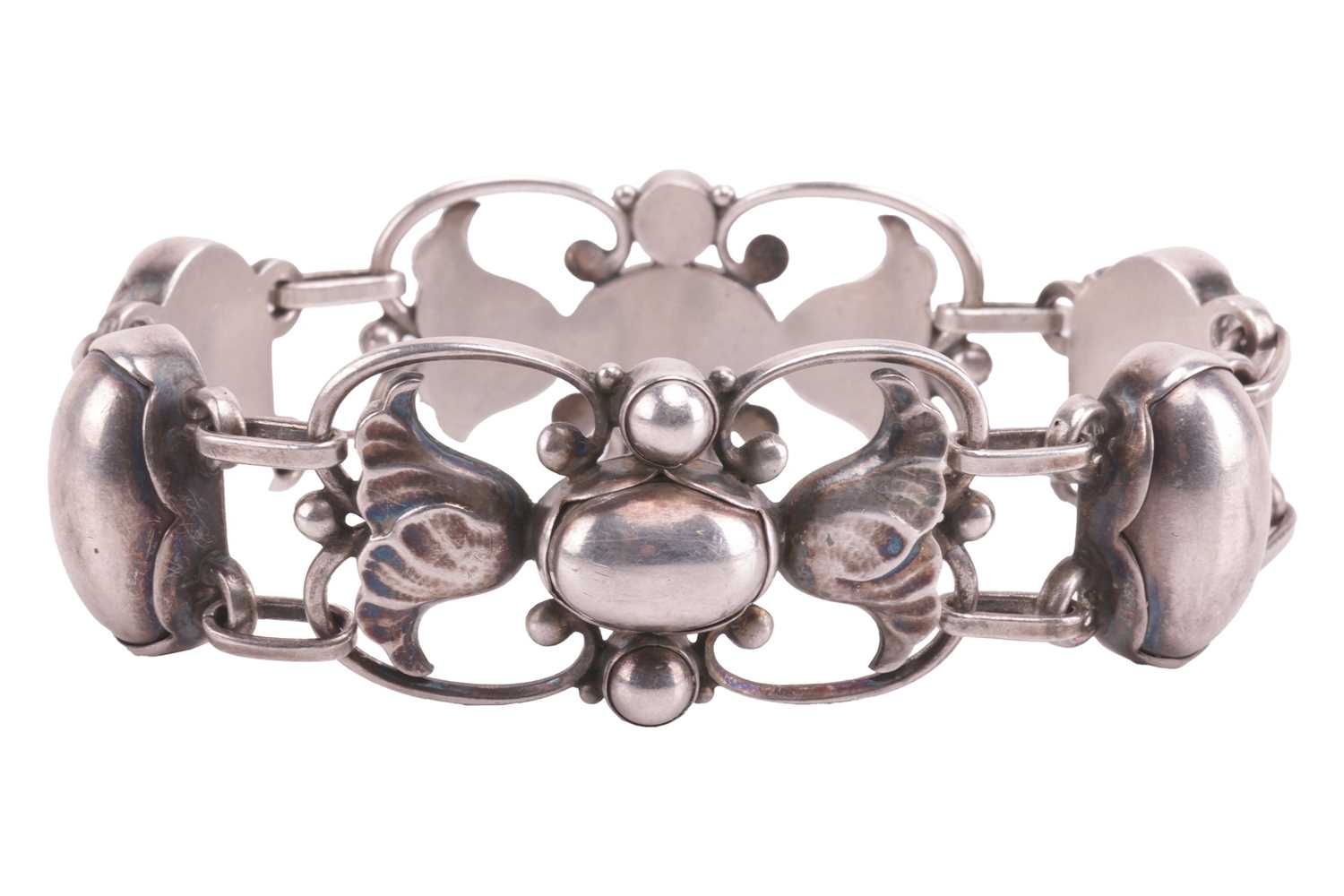 Georg Jensen - a floral link bracelet with bead details, openwork links chased and embossed with tex - Image 3 of 4