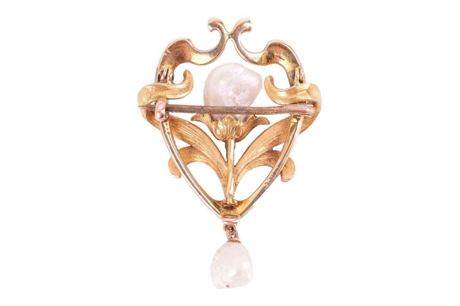 An Art Nouveau enamel and pearl brooch, the floral design featuring a baroque cultured pearl forming - Image 2 of 2