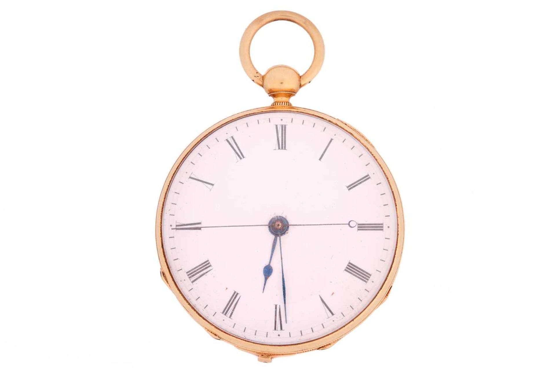 An 18ct yellow gold open-face pocket watch, featuring a key wound movement in an 18ct gold case meas