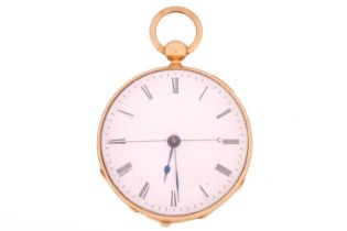 An 18ct yellow gold open-face pocket watch, featuring a key wound movement in an 18ct gold case
