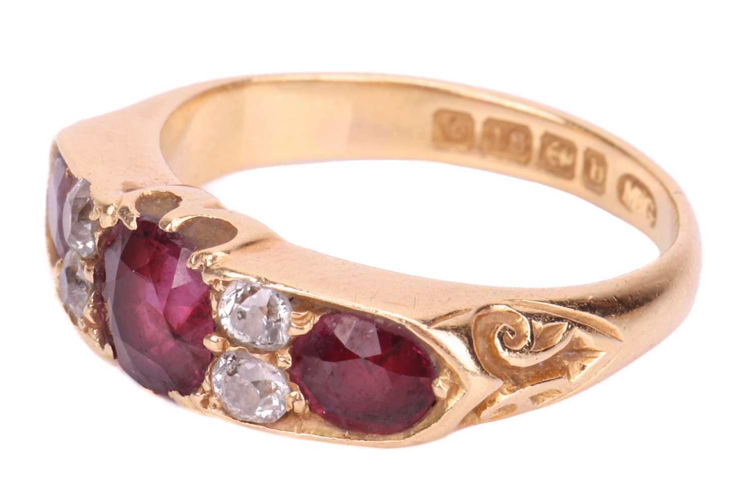A late Victorian ruby and diamond half-hoop ring in 18ct gold, comprising three graduated circular-s - Image 3 of 5