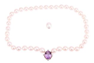 A single-row cultured pearl necklace with exchangeable gem-set clasps, comprising a strand of