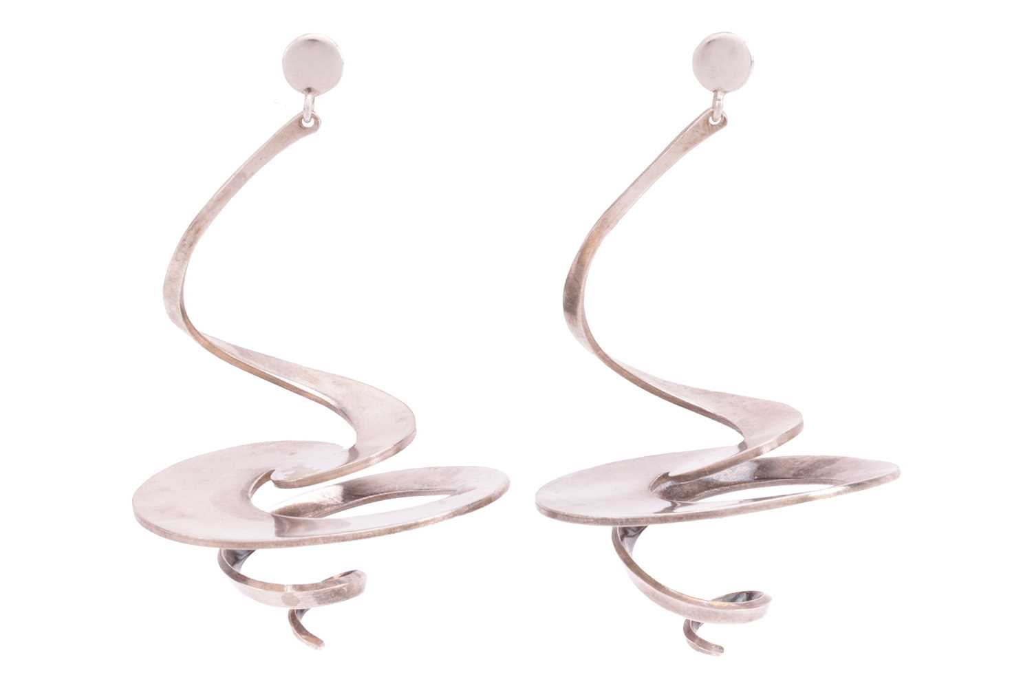 Georg Jensen - a pair of spiral drop earrings, fitted with peg and butterflies, designed by Vivianna
