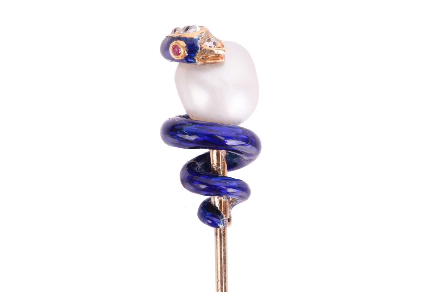 A Victorian enamel serpent stick pin set with diamonds, rubies and pearl, featuring an irregular-sha - Image 5 of 6