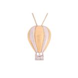 A two-toned hot air balloon pendant on chain, the gondola underneath channel-set with baguette-cut d