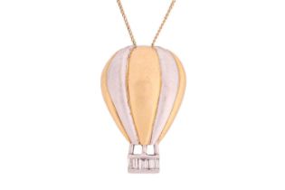 A two-toned hot air balloon pendant on chain, the gondola underneath channel-set with baguette-cut