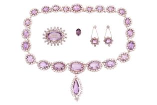 An early to mid 19th-century amethyst and rock crystal parure; comprising a necklace with detachable