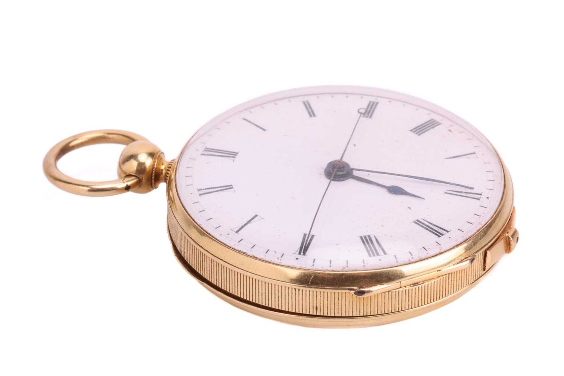An 18ct yellow gold open-face pocket watch, featuring a key wound movement in an 18ct gold case meas - Image 2 of 5