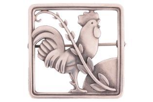 Georg Jensen - A cockerel brooch, depicting a cockerel with fern accent in a square frame, with