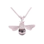 An 18ct white gold and diamond-set bee pendant on chain, sculpted as a realistic bee, thorax encrust