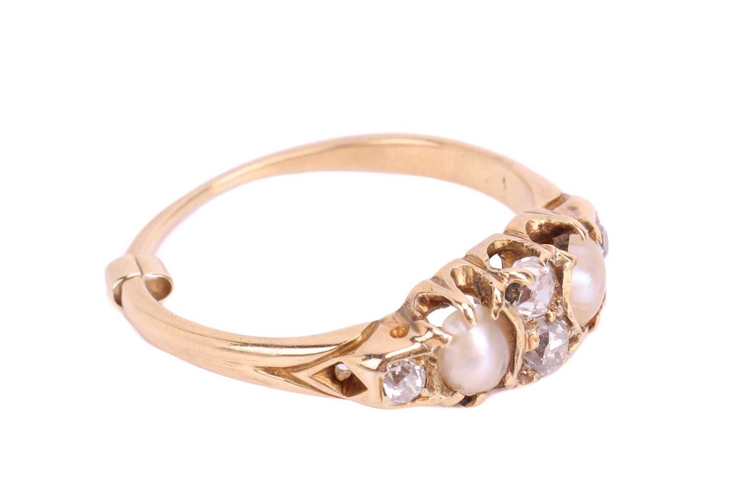 A late Victorian diamond and pearl six stone half hoop ring, comprising four mixed old-cut diamonds  - Image 3 of 4