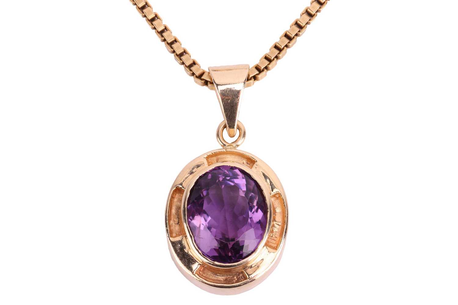 An amethyst earring and pendant necklace suite; each earring set with an oval amethyst measuring 15. - Image 3 of 6