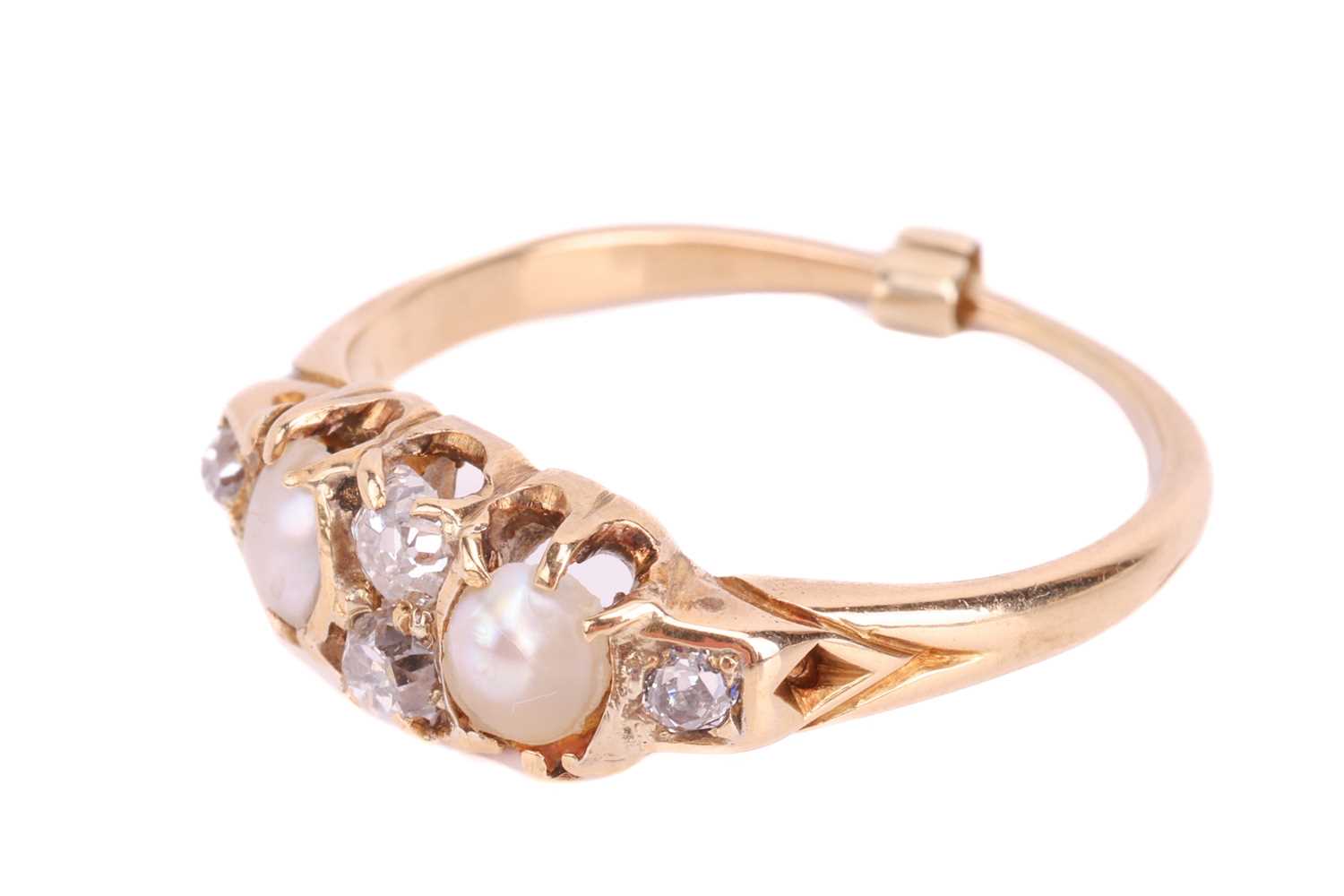 A late Victorian diamond and pearl six stone half hoop ring, comprising four mixed old-cut diamonds  - Image 2 of 4